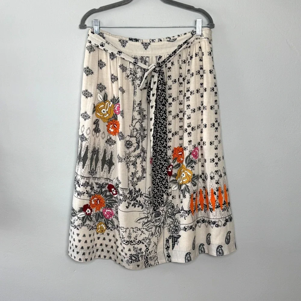 Anthropologie Vineet Bahl Devi Embroidered Midi Skirt Womens M Beige Boho Chic - Picture 3 of 14